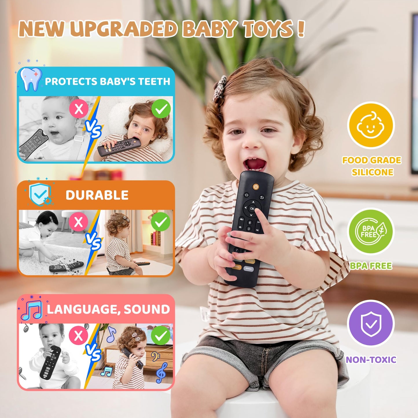 KIRALUMI Baby TV Remote Toy — 3-Language Lights & Sounds for 6-18 Months