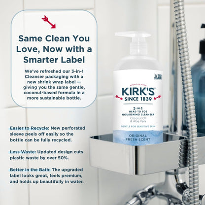 Kirk's 3-in-1 Head to Toe Nourishing Cleanser – 32 oz, Coconut Oil & Aloe Vera, Non-GMO & Vegan
