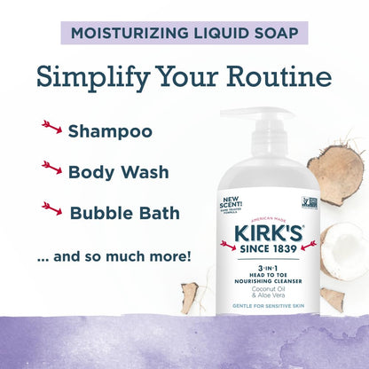 Kirk's 3-in-1 Head to Toe Nourishing Cleanser – Coconut Oil, Aloe Vera, Lavender & Vanilla – 32 oz