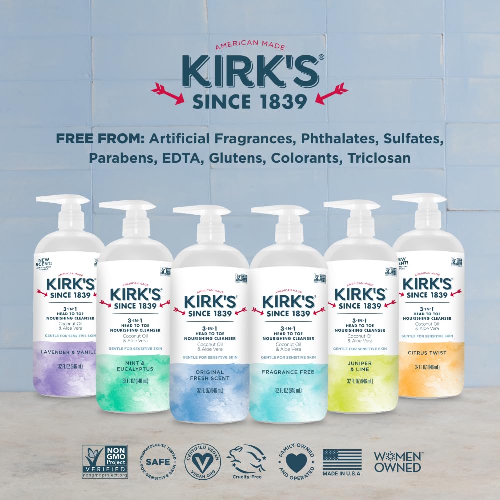 Kirk's 3-in-1 Head to Toe Nourishing Cleanser – Coconut Oil, Aloe Vera, Lavender & Vanilla – 32 oz