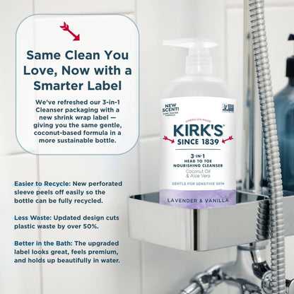 Kirk's 3-in-1 Head to Toe Nourishing Cleanser – Coconut Oil, Aloe Vera, Lavender & Vanilla – 32 oz