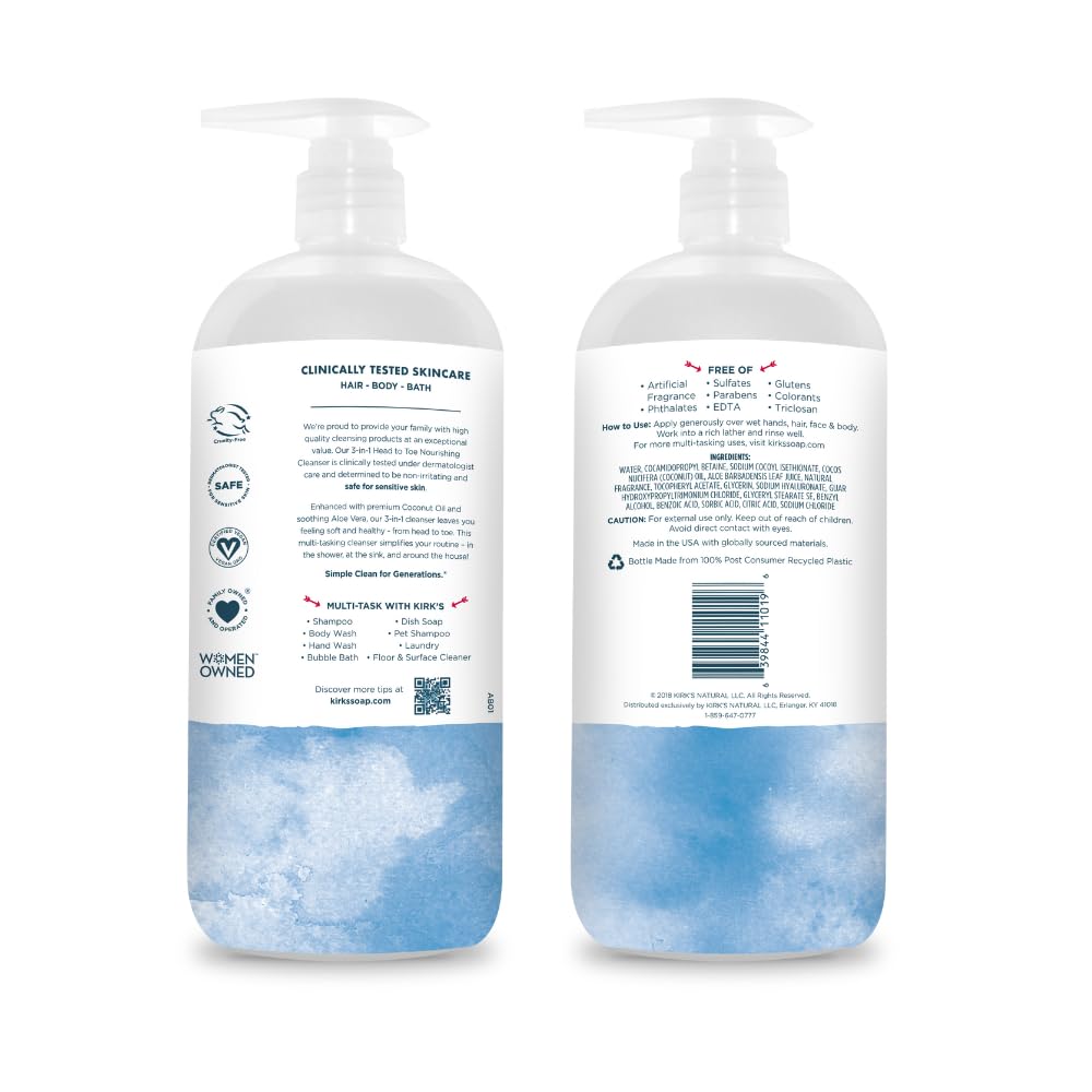 Kirk's 3-in-1 Head-to-Toe Nourishing Cleanser & Travel Bar Soap — Coconut Oil & Aloe Vera, 32 oz, 2-Pack