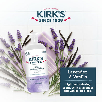 Kirk's 3-in-1 Head to Toe Nourishing Cleanser – Coconut Oil, Aloe Vera, Lavender & Vanilla – 32 oz