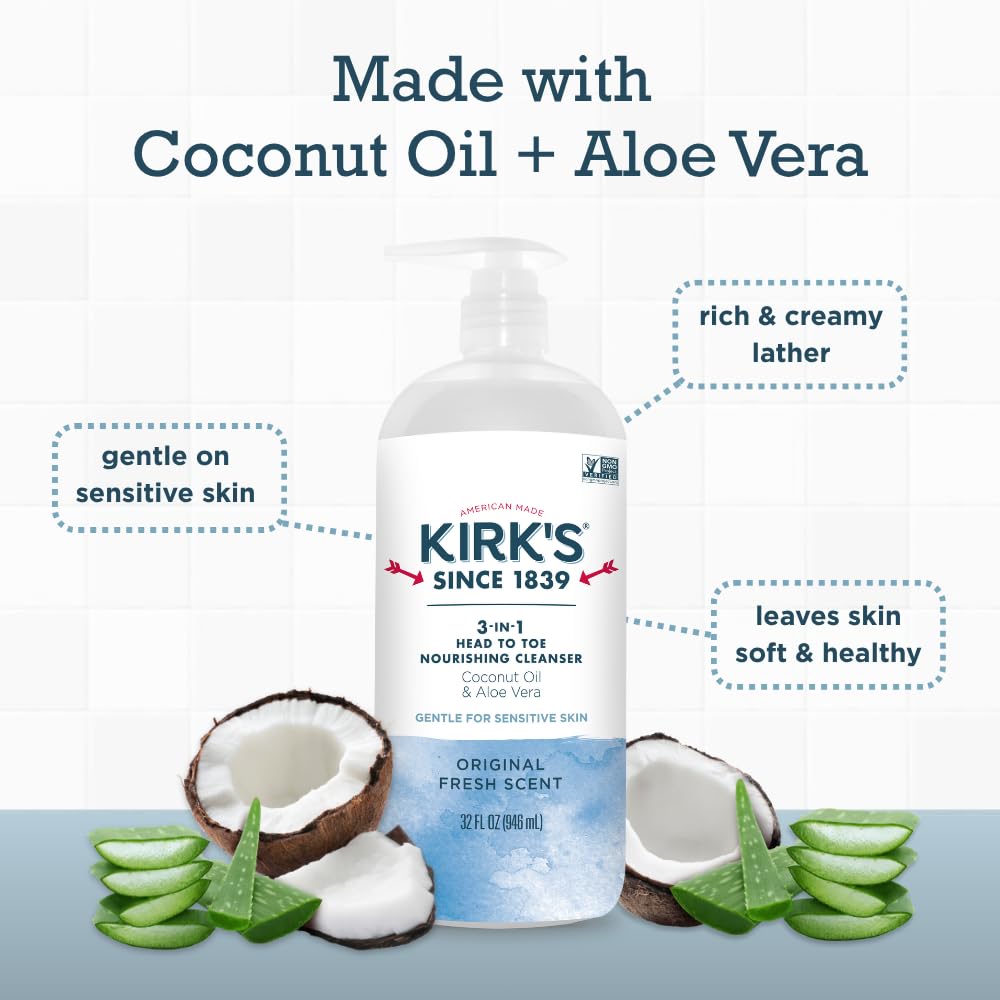 Kirk's 3-in-1 Head-to-Toe Nourishing Cleanser & Travel Bar Soap — Coconut Oil & Aloe Vera, 32 oz, 2-Pack