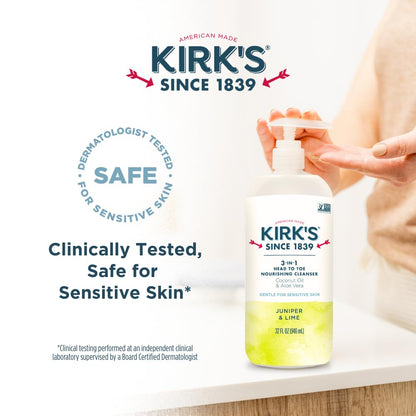 Kirk's 3-in-1 Head to Toe Nourishing Cleanser & Travel Bar Soap – Juniper & Lime (32 oz, 2-pack)