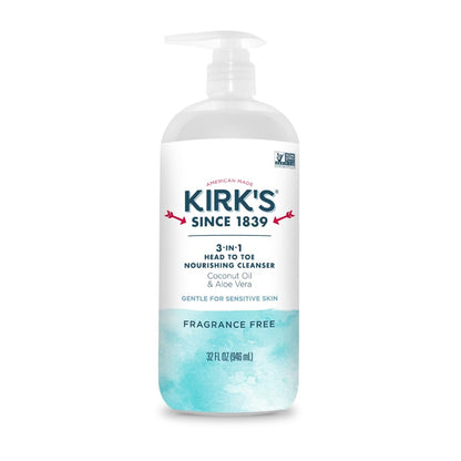 Kirk's 3-in-1 Head to Toe Nourishing Cleanser – Fragrance Free, Coconut Oil & Aloe Vera | 32 Fl Oz