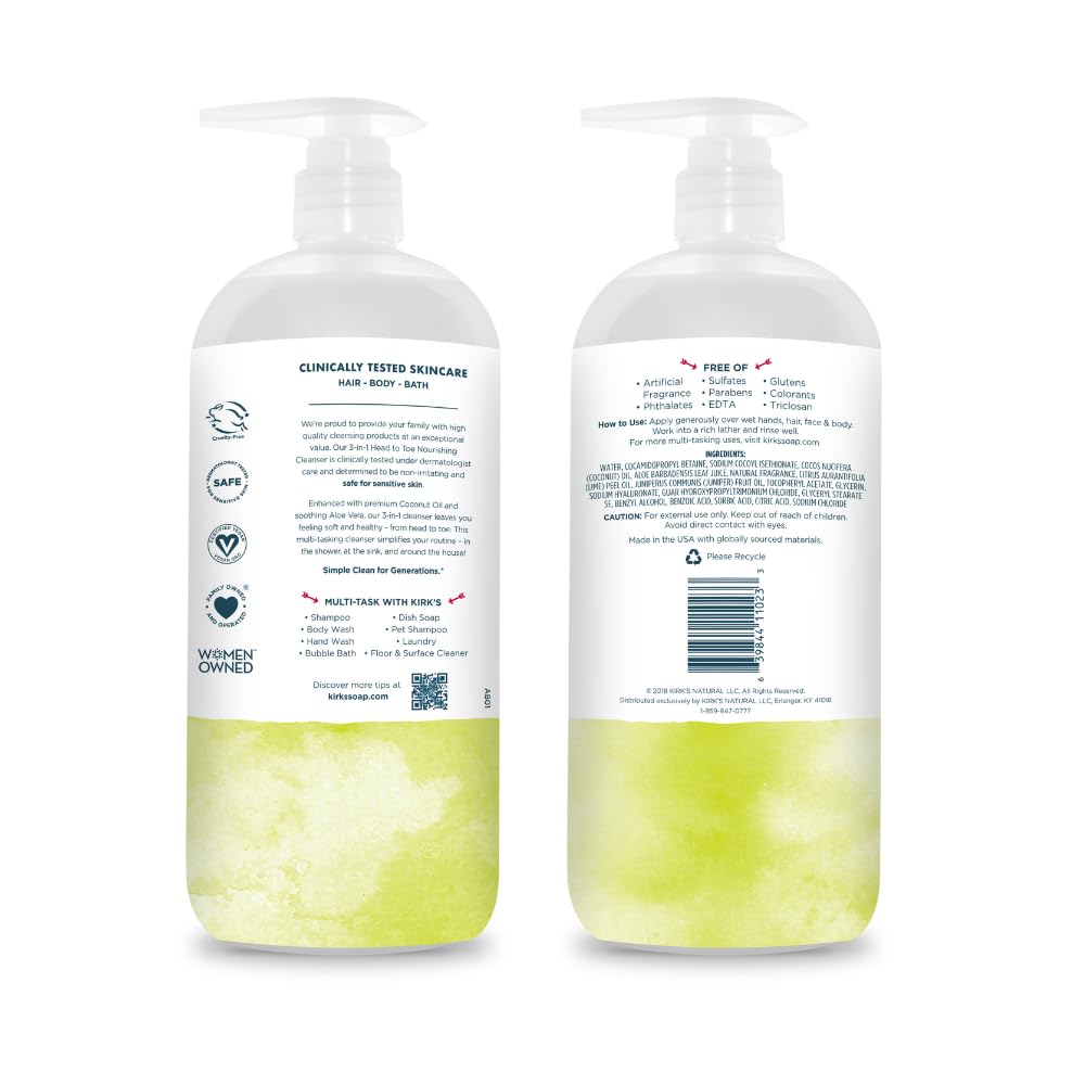 Kirk's 3-in-1 Head to Toe Nourishing Cleanser & Travel Bar Soap – Juniper & Lime (32 oz, 2-pack)