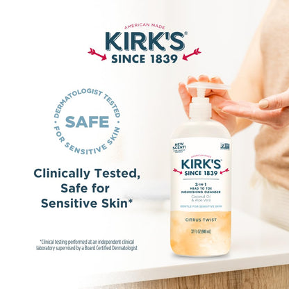 Kirks 3-in-1 Head to Toe Nourishing Cleanser – Coconut Oil, Aloe Vera, Citrus Twist – 32 Fl Oz