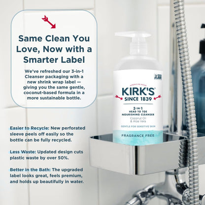 Kirk's 3-in-1 Head to Toe Cleanser - Fragrance Free, Coconut Oil & Aloe - 32oz (2-Pack)