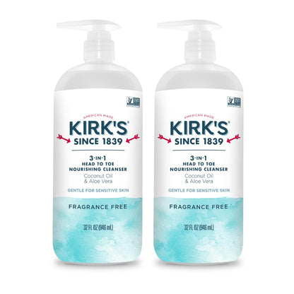 Kirk's 3-in-1 Head to Toe Cleanser - Fragrance Free, Coconut Oil & Aloe - 32oz (2-Pack)