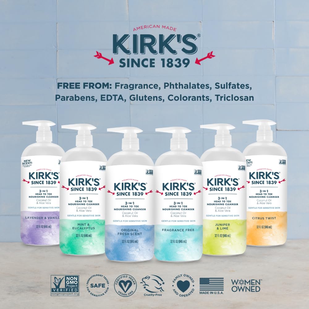 Kirk's 3-in-1 Head to Toe Cleanser - Fragrance Free, Coconut Oil & Aloe - 32oz (2-Pack)