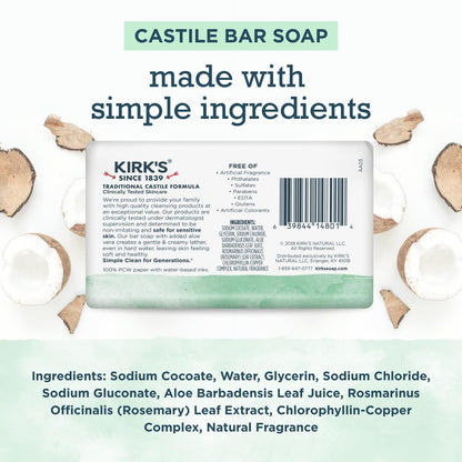 Kirk's Castile Bar Soap – Gentle Coconut Oil Formula for All Ages (6-Pack, 4 oz)