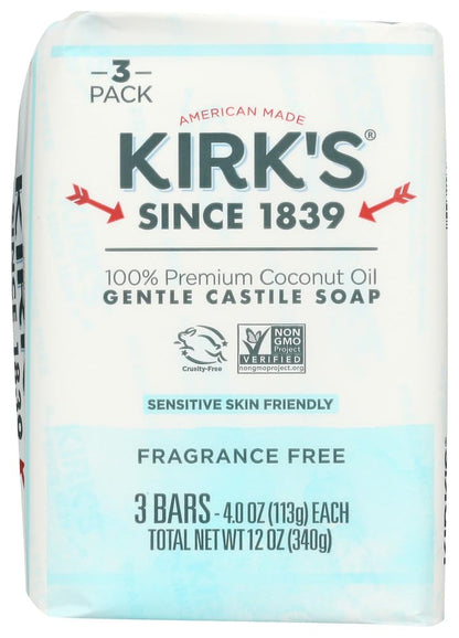 Kirk's Coco Castile Fragrance-Free Soap Bar — 4 oz Each, Pack of 4 | Plant-Based, Triple-Milled