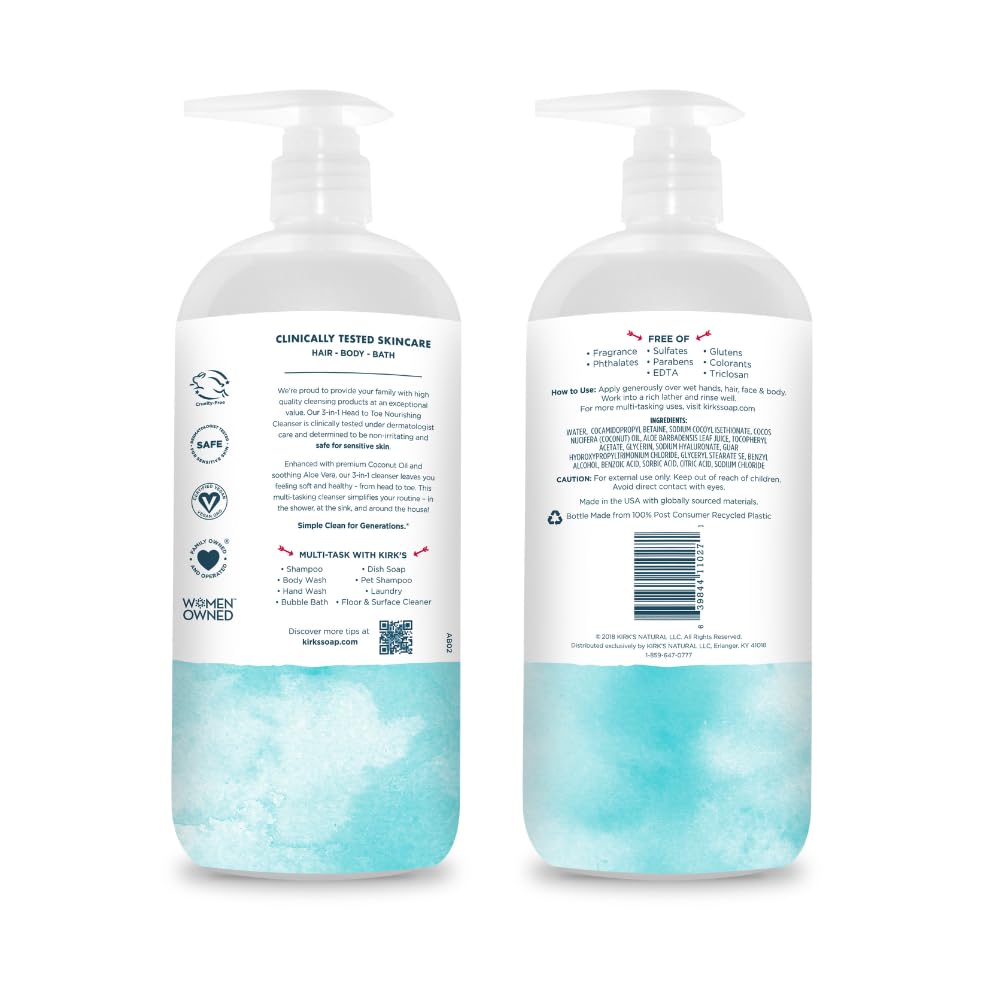 Kirk's 3-in-1 Head to Toe Cleanser - Fragrance Free, Coconut Oil & Aloe - 32oz (2-Pack)