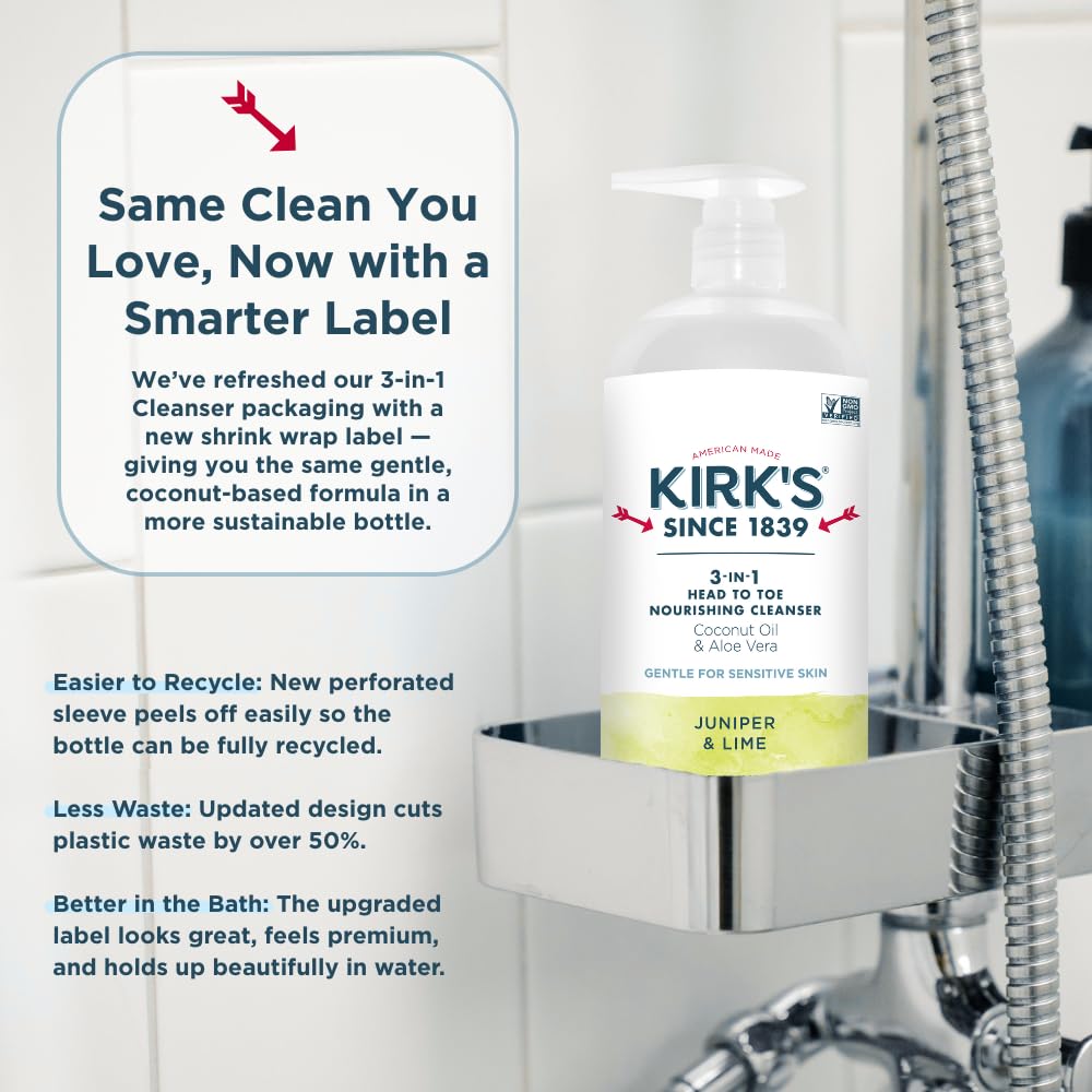 Kirk's 3-in-1 Castile Liquid Soap – Juniper & Lime Scent | Travel Size Bar + 32 oz Pump