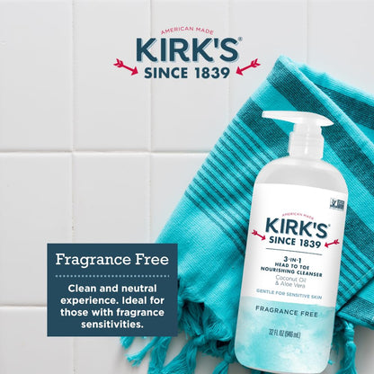 Kirk's 3-in-1 Head to Toe Cleanser - Fragrance Free, Coconut Oil & Aloe - 32oz (2-Pack)