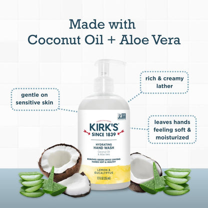 Kirk's Hydrating Hand Wash – Coconut Oil & Aloe, Odor Neutralizing, 12 oz Pump, 4-Pack