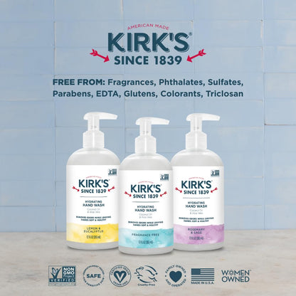 Kirk's Hydrating Hand Wash – Coconut Oil & Aloe Vera, Odor Neutralizing, Fragrance Free, 12 oz (4 Pack)