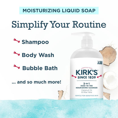 Kirk's 3-in-1 Head to Toe Cleanser - Fragrance Free, Coconut Oil & Aloe - 32oz (2-Pack)