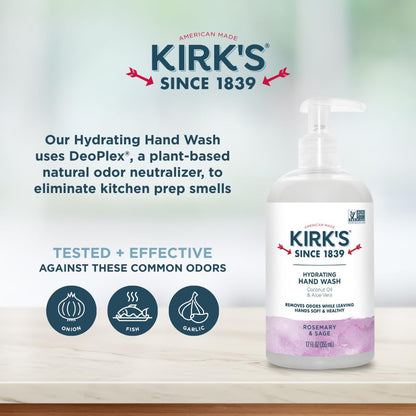 Kirk's Hydrating Hand Wash – Coconut Oil & Aloe, Odor Neutralizing, 12 oz Pump, 4-Pack