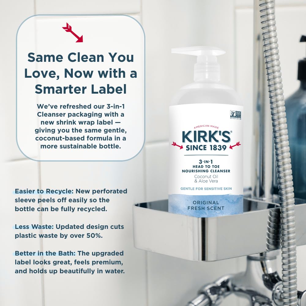 Kirk's 3-in-1 Head to Toe Nourishing Cleanser – Coconut Oil & Aloe Vera, 32 oz