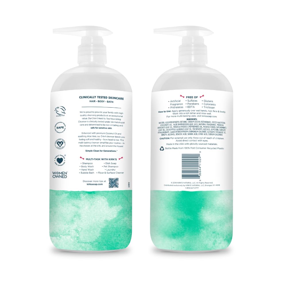 Kirk's 3-in-1 Head to Toe Nourishing Liquid Cleanser – Mint & Eucalyptus, 32 oz, 2-pack