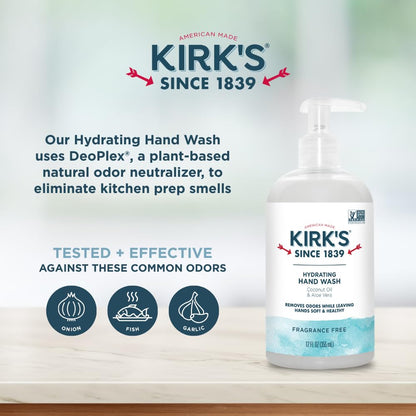 Kirk's Hydrating Hand Wash – Coconut Oil & Aloe Vera, Odor Neutralizing, Fragrance Free, 12 oz (4 Pack)