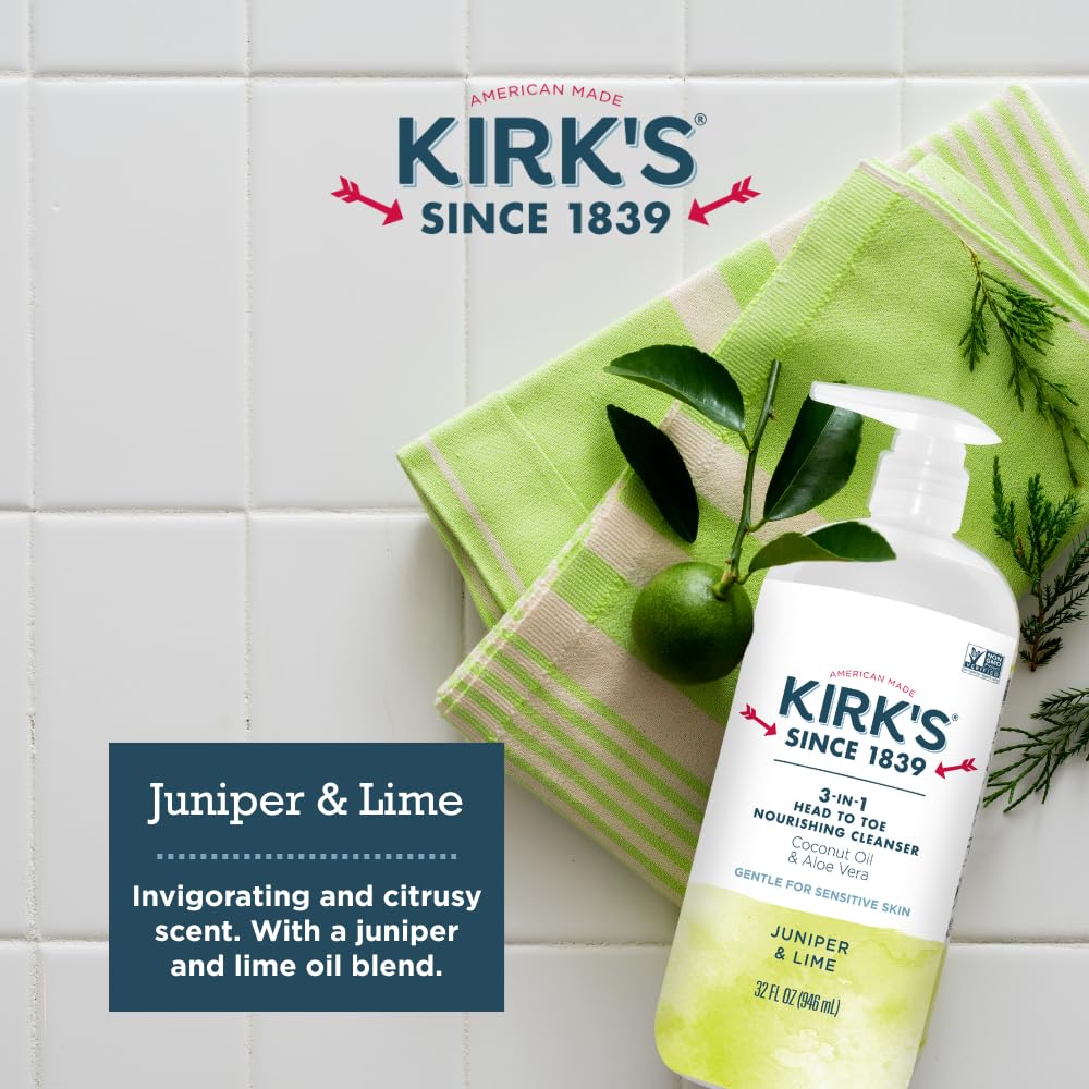 Kirk's 3-in-1 Castile Liquid Soap – Juniper & Lime Scent | Travel Size Bar + 32 oz Pump