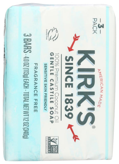 Kirk's Coco Castile Fragrance-Free Soap Bar — 4 oz Each, Pack of 4 | Plant-Based, Triple-Milled