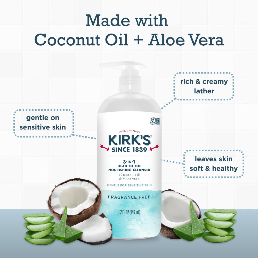 Kirk's 3-in-1 Head to Toe Cleanser - Fragrance Free, Coconut Oil & Aloe - 32oz (2-Pack)