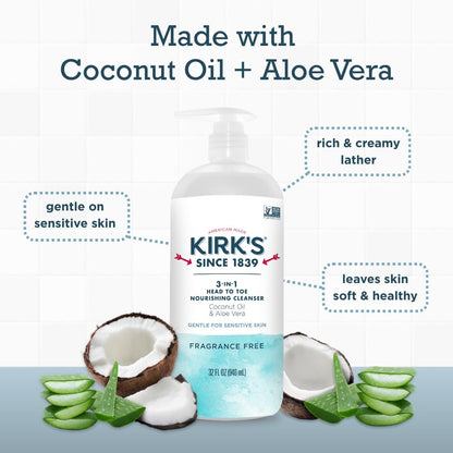 Kirk's 3-in-1 Head to Toe Cleanser - Fragrance Free, Coconut Oil & Aloe - 32oz (2-Pack)
