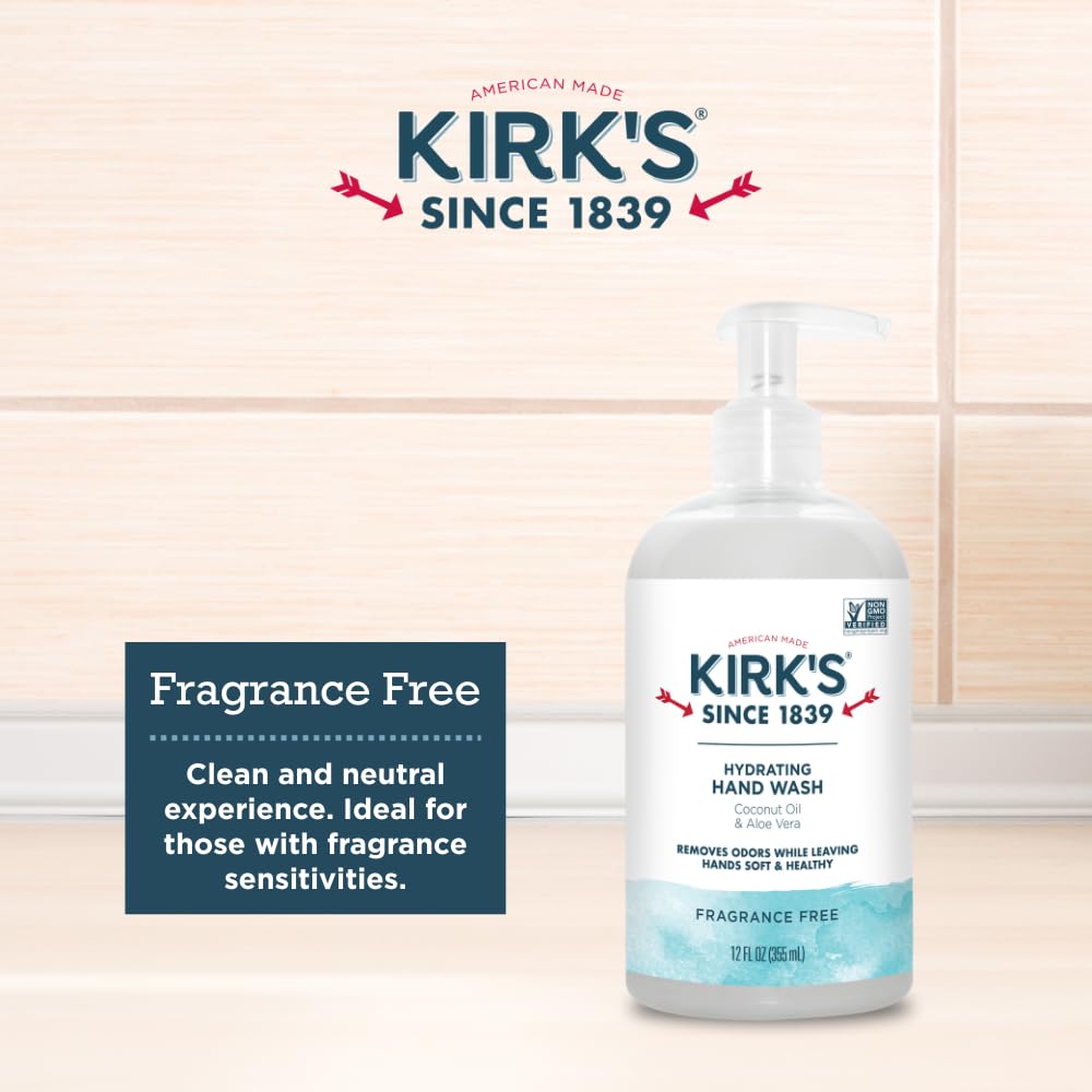 Kirk's Hydrating Hand Wash – Coconut Oil & Aloe, Odor Neutralizing, 12 oz Pump, 4-Pack