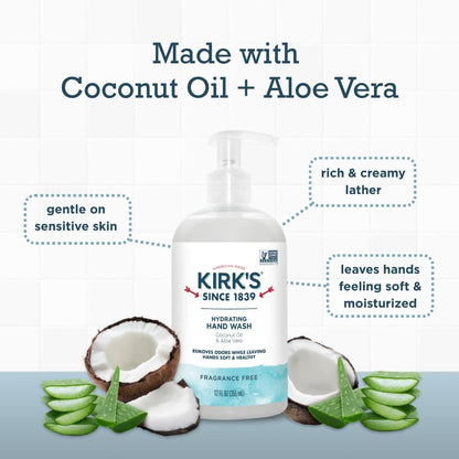 Kirk's Hydrating Hand Wash – Coconut Oil & Aloe Vera, Odor Neutralizing, Fragrance Free, 12 oz (4 Pack)