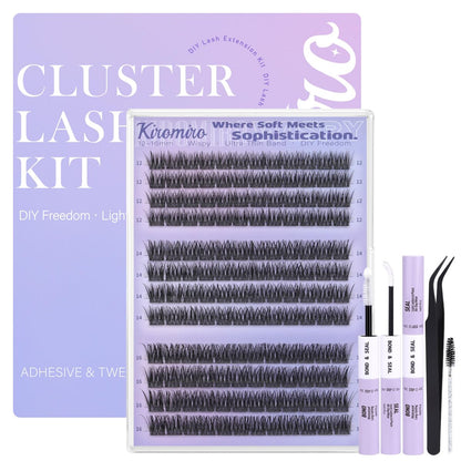 Kiromiro Natural Lash Clusters Kit 12–16mm C Curl | DIY Wispy Lashes with Bond & Seal & Tweezers