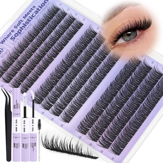Kiromiro Natural Lash Clusters Kit 12–16mm C Curl | DIY Wispy Lashes with Bond & Seal & Tweezers
