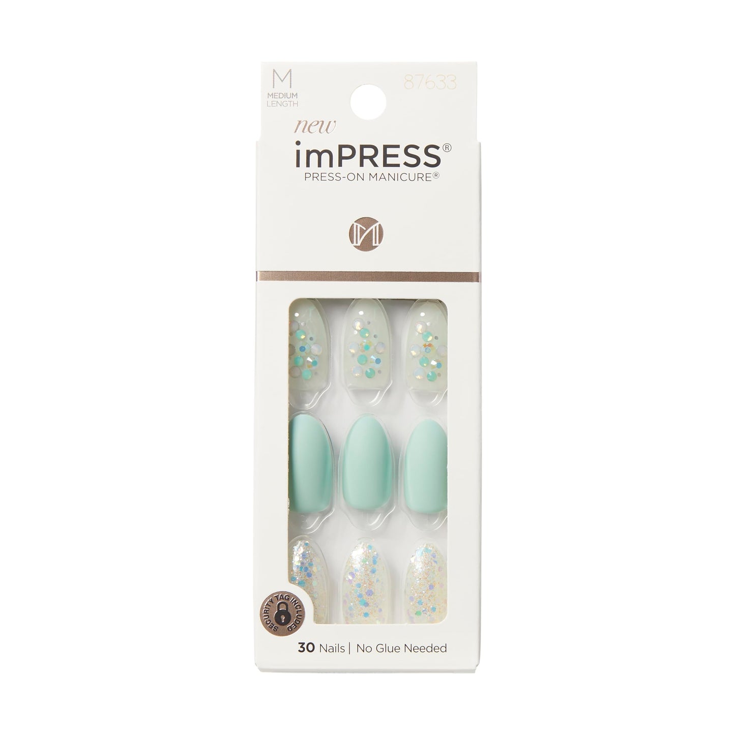 KISS imPRESS Press-On Manicure: Evergreen Mint Glitter, Medium Almond Nails, No Glue