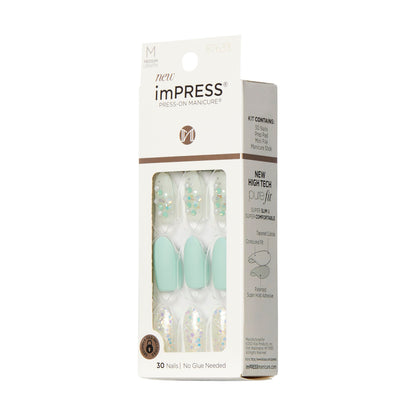 KISS imPRESS Press-On Manicure: Evergreen Mint Glitter, Medium Almond Nails, No Glue
