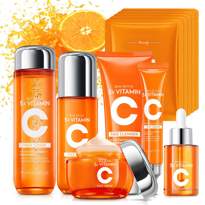 KIUORET 11-Piece Vitamin C Skincare Set for Teens & Women – Cleanser, Toner, Eye Cream, Serum, Lotions, Cream & Sheet Masks