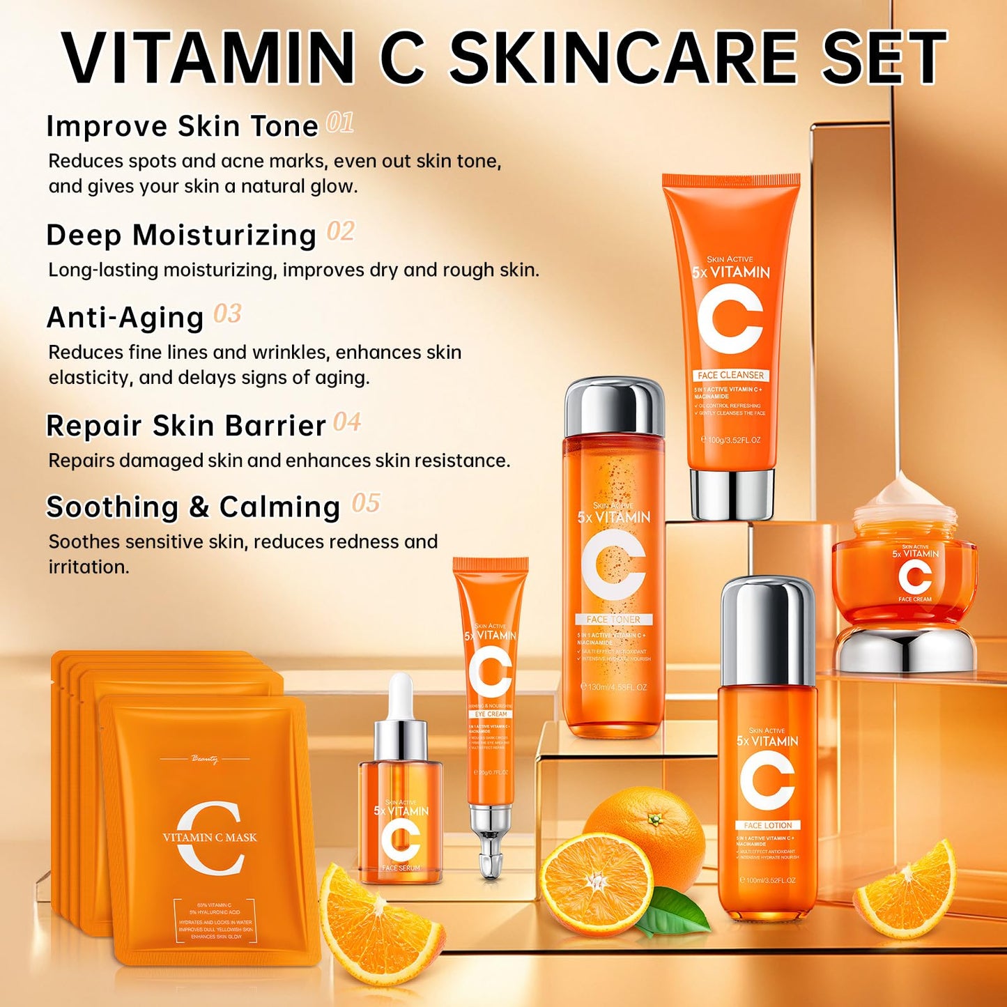 KIUORET 11-Piece Vitamin C Skincare Set for Teens & Women – Cleanser, Toner, Eye Cream, Serum, Lotions, Cream & Sheet Masks