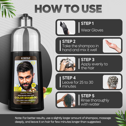 Kiwinz Professional Dark Brown Hair Color Shampoo for Men – 5 in 1 Dye, Ammonia-Free, 500ml