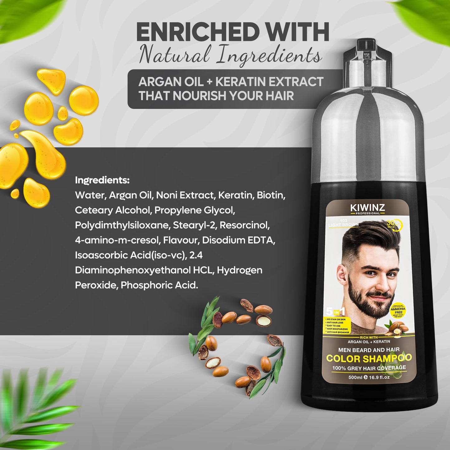 Kiwinz Professional Light Brown Hair Color Shampoo for Men – 5 in 1, Ammonia Free, 500ml