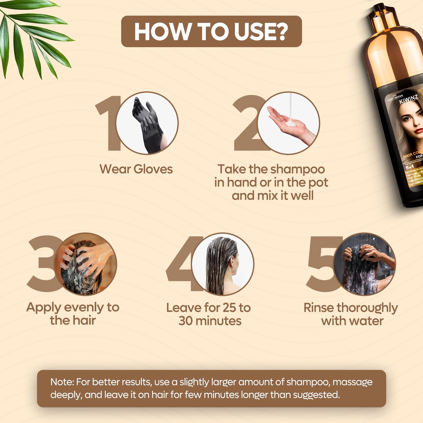 Kiwinz Professional Hair Color Shampoo – 5 in 1, Ammonia-Free, Instant Grey Coverage (Light Brown) – 500ml