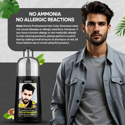 Kiwinz Professional Black Hair Color Shampoo for Men – 5 in 1 Dye Shampoo, Ammonia Free, 500ml, 100% Color Accuracy