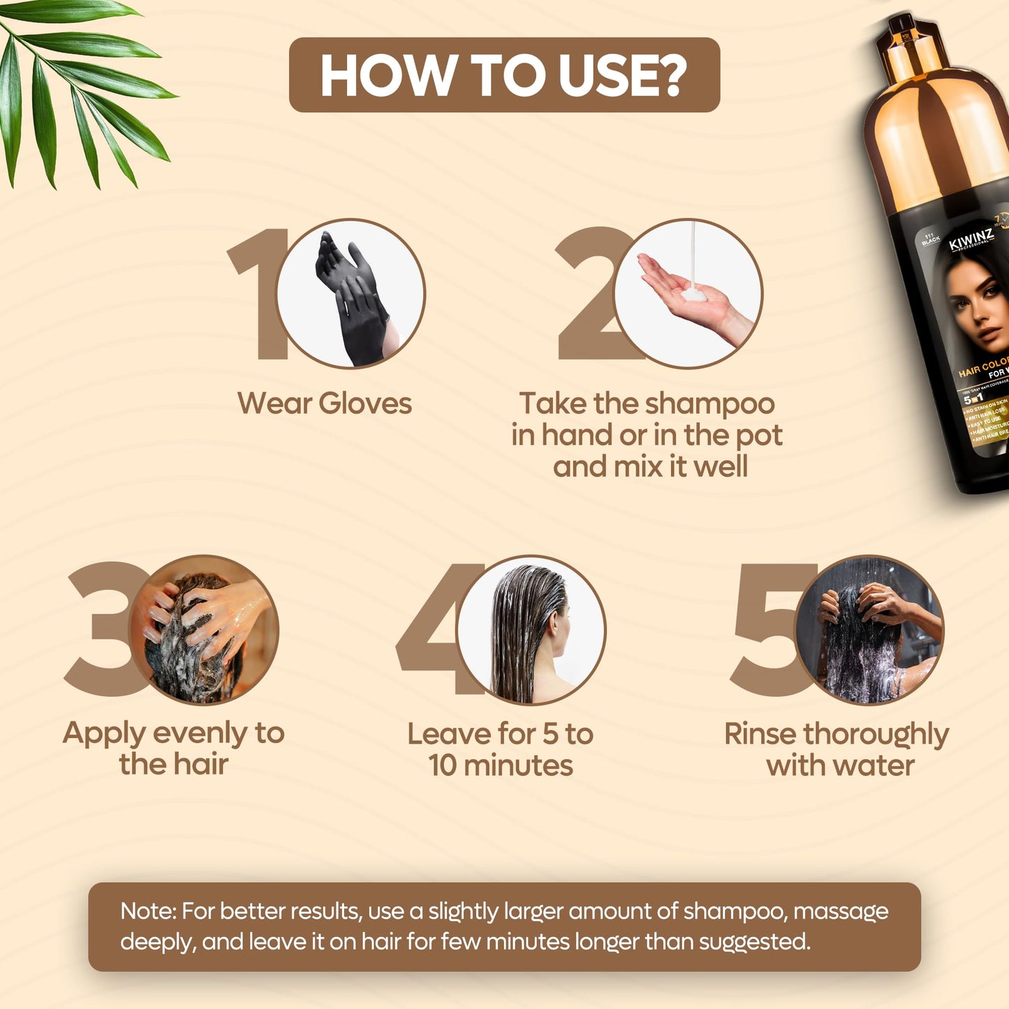 Kiwinz Professional Hair Color Shampoo – 5 in 1, Ammonia-Free, 500ml (Black)