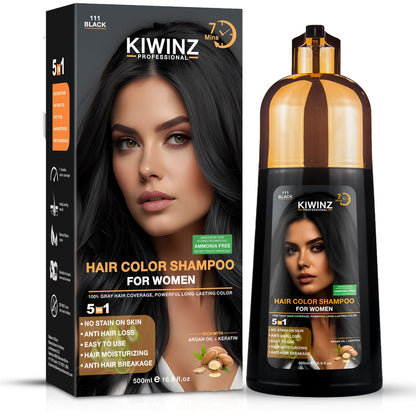 Kiwinz Professional Hair Color Shampoo – 5 in 1, Ammonia-Free, 500ml (Black)