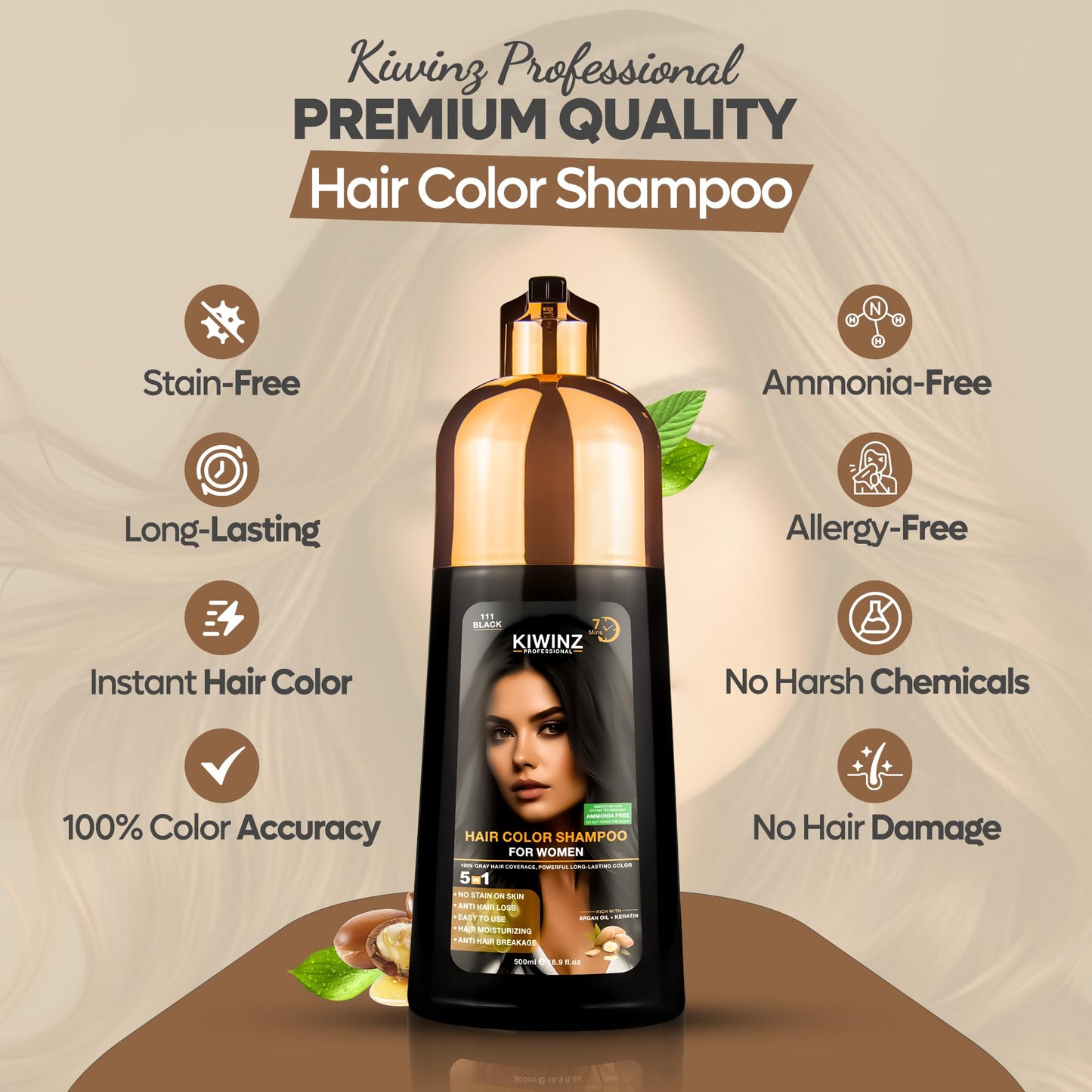 Kiwinz Professional Hair Color Shampoo – 5 in 1, Ammonia-Free, 500ml (Black)