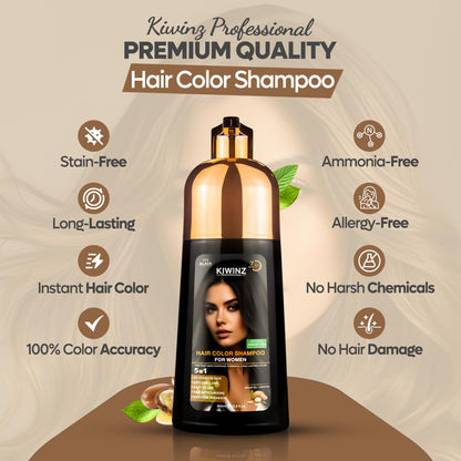 Kiwinz Professional Hair Color Shampoo – 5 in 1, Ammonia-Free, 500ml (Black)