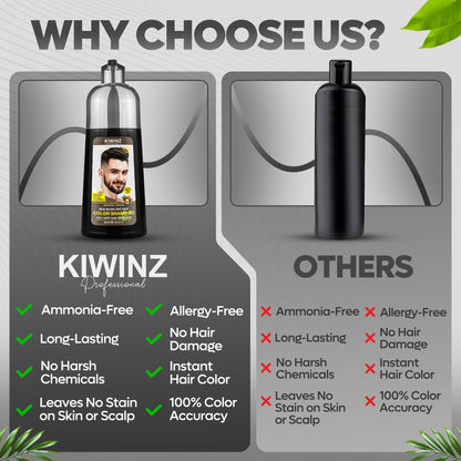 Kiwinz Professional Light Brown Hair Color Shampoo for Men – 5 in 1, Ammonia Free, 500ml