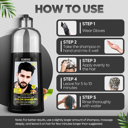 Kiwinz Professional Black Hair Color Shampoo for Men – 5 in 1 Dye Shampoo, Ammonia Free, 500ml, 100% Color Accuracy