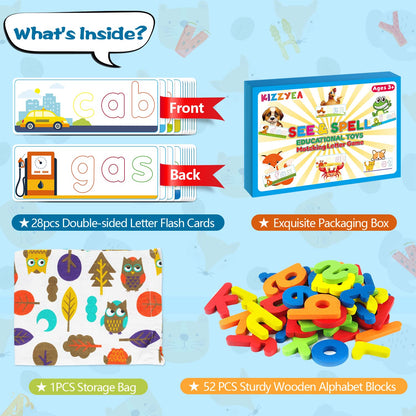 KIZZYEA Learning Letter Flash Cards & Wooden Blocks – Alphabet & CVC Word Builders for 2-6 Year Olds
